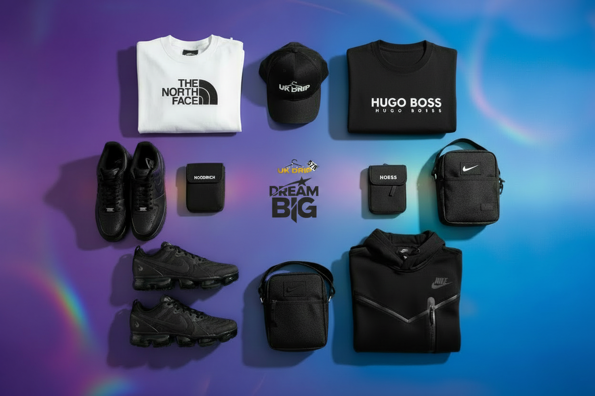 Premium branded streetwear flatlay with transparent UK Drip logo