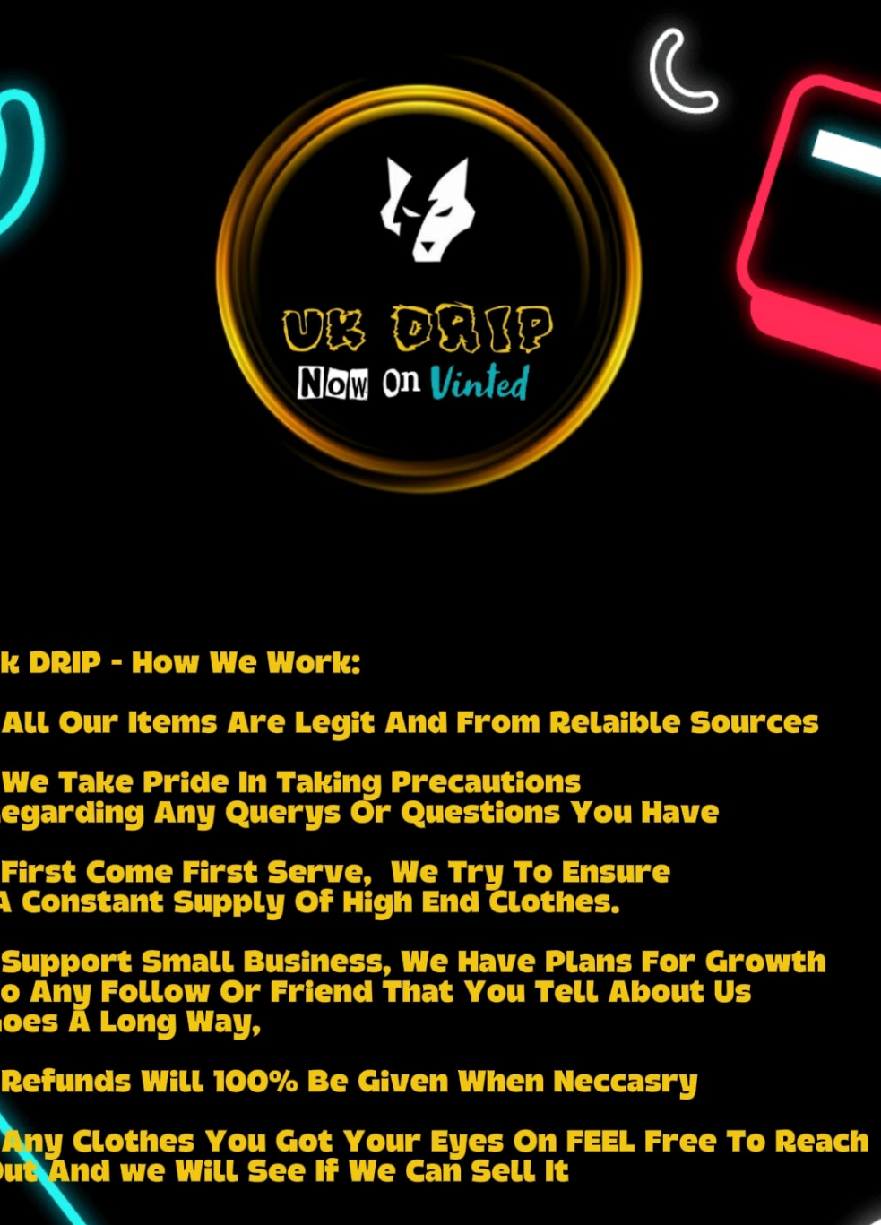 Uk Drip Season logo with neon accents and text outlining store policies and customer support details